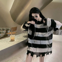Y2K Black Grunge Tassel Cutout Sweater