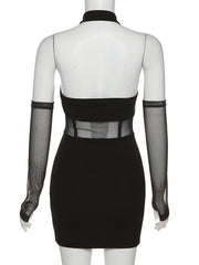 Tight Semi-transparent Dress Black Halter Dress with Sleeves