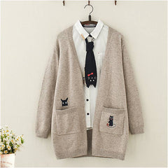 Kawaii Cat And Mouse Embroidery Loose Cardigan Sweater