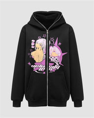 Cartoon Print Zip Up Hoodie