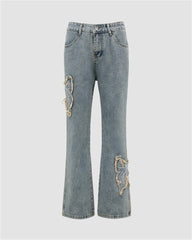 Distressed Butterfly High Rise Flare Jeans
