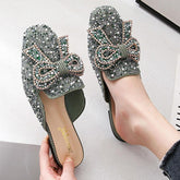 Square toe beaded bowknot flat slippers