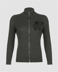 Stand Collar Letter Print Zipper Cardigan