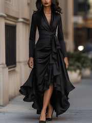 V-Neck Belted Leaf-Edge Dress