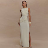 Round-Neck Pleated Halter Dress