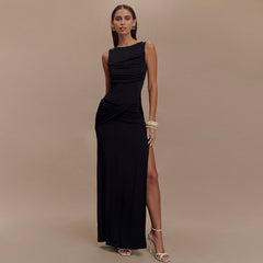Round-Neck Pleated Halter Dress