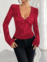 V-Neck Lace Flared Sleeve T-Shirt