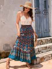 Printed Fringed Beach Wave Midi Skirt