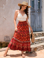 Printed Fringed Beach Wave Midi Skirt