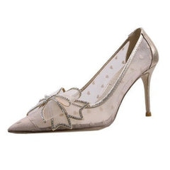 Mesh Pointed Toe Rhinestone Bowknot Pumps