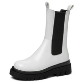 Chunky Mid Heel Mid Calf Chelsea Boots Slip On Round Toe Platform Ankle Booties