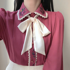 Vintage Flower Embroidered Chiffon Shirt