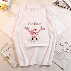Pink Cute Panther Print Cartoon T-shirts