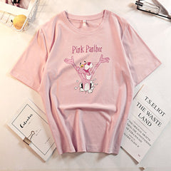 Pink Cute Panther Print Cartoon T-shirts