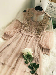 Lace Gauze Long Dress with Lantern Sleeve