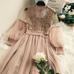 Lace Gauze Long Dress with Lantern Sleeve