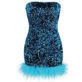 Sequin Bandeau Ostrich-Trim Prom Mini Dress