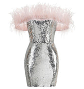 Sequin Off-shoulder Feather Prom Mini Dress