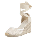 Open Toe Tie Lace Up Lace Wedges