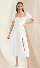 WHITE PUFF SLEEVES MIDI DRESS