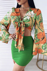 Tropical Print Top Skirt Set