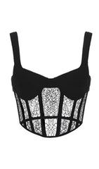 WHITE HOLLOW LACE MESH CORSET TOP