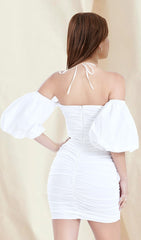 WHITE BUBBLE SLEEVE MINI DRESS