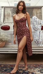 WINE FLORAL BUSTIER MIDI DRESS