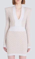 V NECK STRONG-SHOULDER MINI DRESS