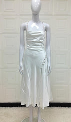 WHITE SATIN BACKLESS MIDI DRESS