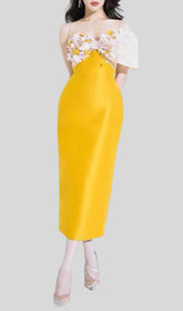 YELLOW FLOWER ONE WORD LED MIDI DRESS