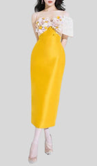YELLOW FLOWER ONE WORD LED MIDI DRESS