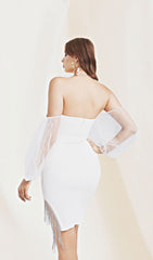 WHITE OFF SHOULDER MIDI BANDAGE DRESS