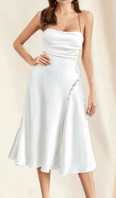 WHITE SATIN BACKLESS MIDI DRESS