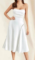 WHITE SATIN BACKLESS MIDI DRESS
