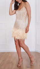 TASSEL FEATHER MINI DRESS IN BEIGE