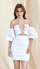 WHITE BUBBLE SLEEVE MINI DRESS