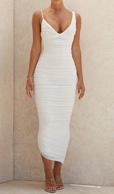 WHITE MESH RUCHED MIDI DRESS