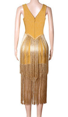 YELLOW TASSELS MIDI BANDAGE DRESS