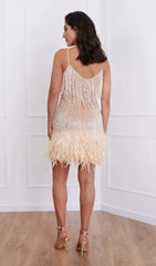 TASSEL FEATHER MINI DRESS IN BEIGE