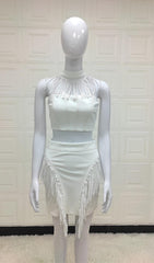 WHITE OFF SHOULDER TASSEL SUIT