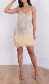 TASSEL FEATHER MINI DRESS IN BEIGE