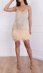 TASSEL FEATHER MINI DRESS IN BEIGE