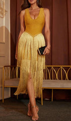 YELLOW TASSELS MIDI BANDAGE DRESS