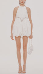 VELVET HALTERNECK MINI DRESS IN WHITE