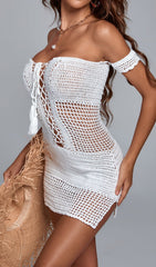 WHITE OFF SHOULDER WEAVE MINI DRESS