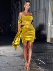 YELLOW DRAPING OFF SHOULDER CORSET DRESS