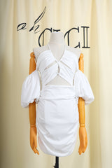 WHITE BUBBLE SLEEVE MINI DRESS