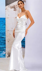 White Satin Strapless Slim Maxi Dress