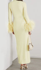 YELLOW LONG SLEEVE STAND COLLAR FEATHER MAXI DRESS